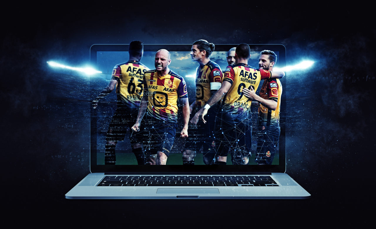 Visualisation of KV Mechelen players celebrating in front of a laptop and with a stadium at night in the background