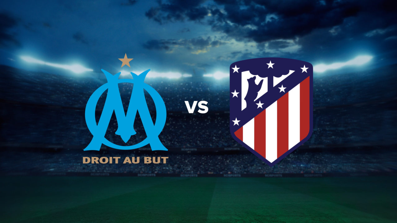 Visualisation of Europa League Final 2018 Olympique Marseille Logo versus Atletico Madrid logo with a stadium at night in the background.
