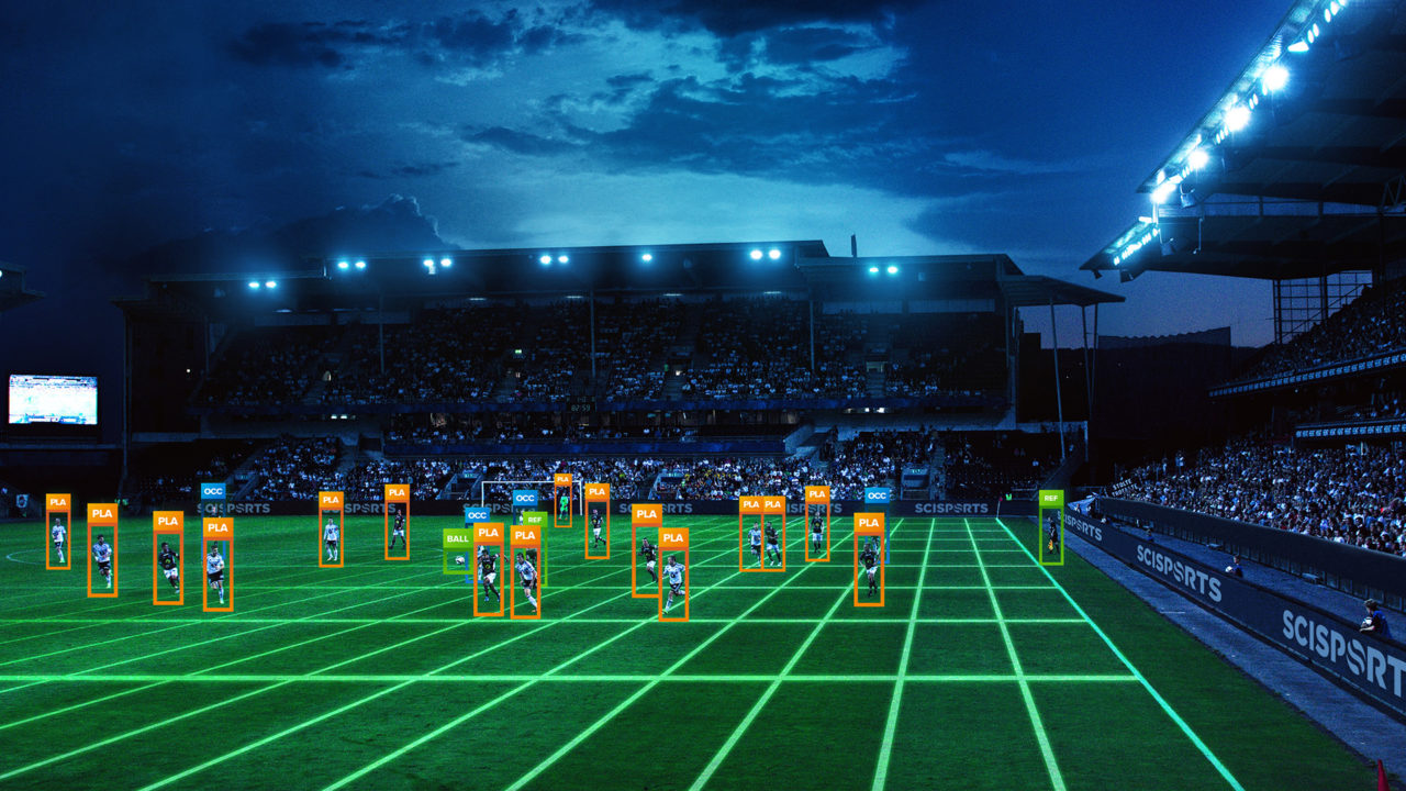 Visualisation of applied deep learning tags and techniques on football players in a stadium at night