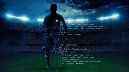 Visualisation of a unknown SciSports player with data around him and a stadium in the background