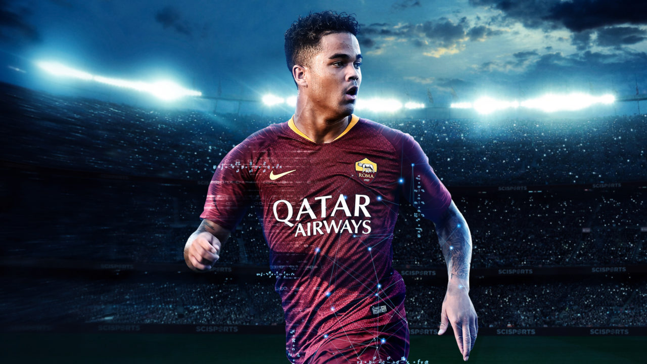 Visualisation of Justin Kluivert at AS Roma with data points and a stadium in the background.
