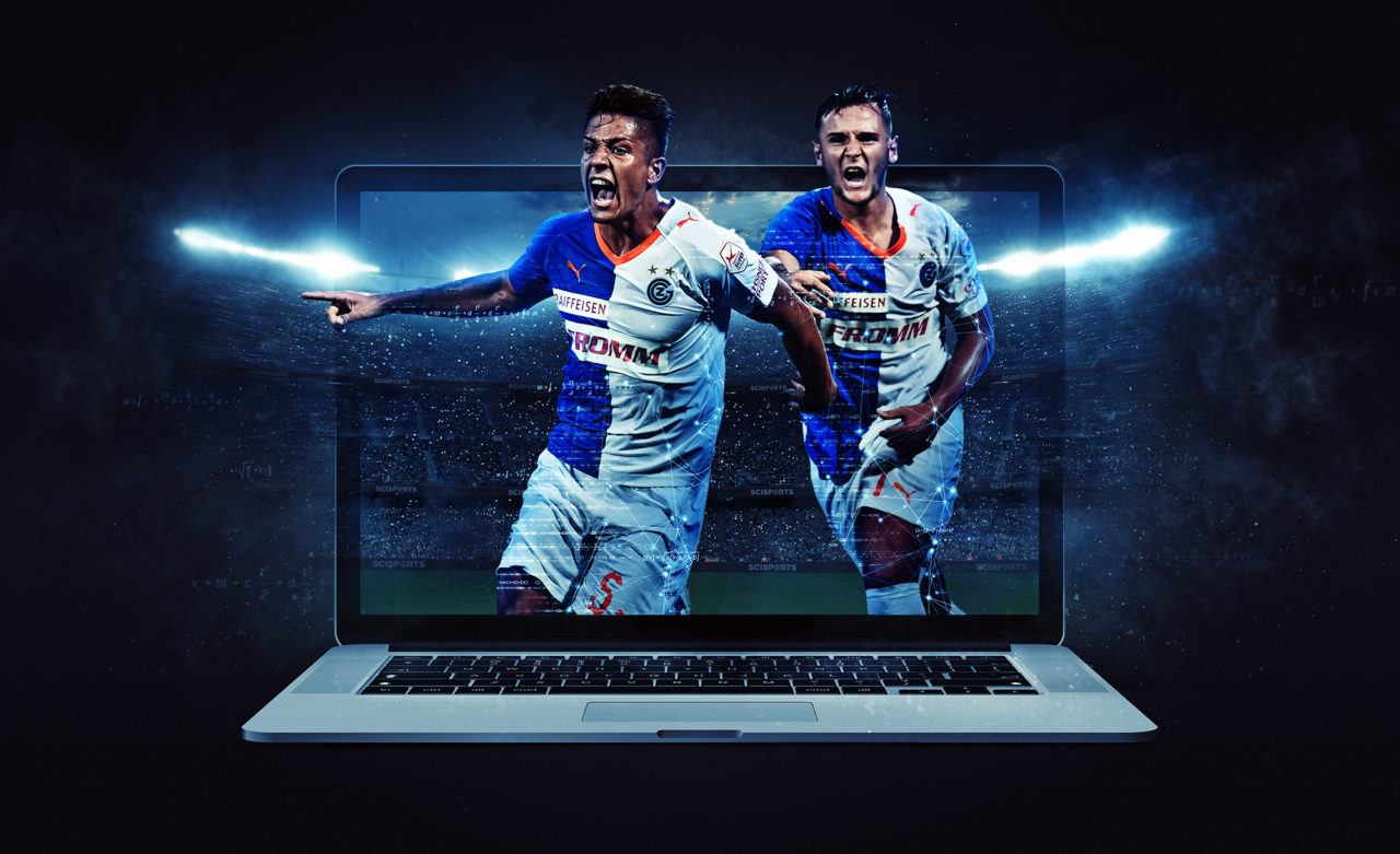Visualisation of Grasshopper Zurich players in front of a laptop and a stadium in the background.