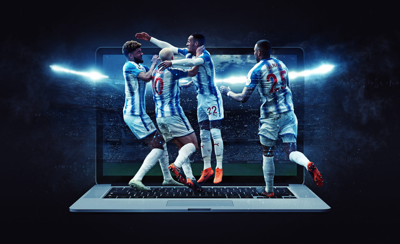 Visualisation of Huddersfield Town players celebrating in front of a laptop and with a stadium in the background