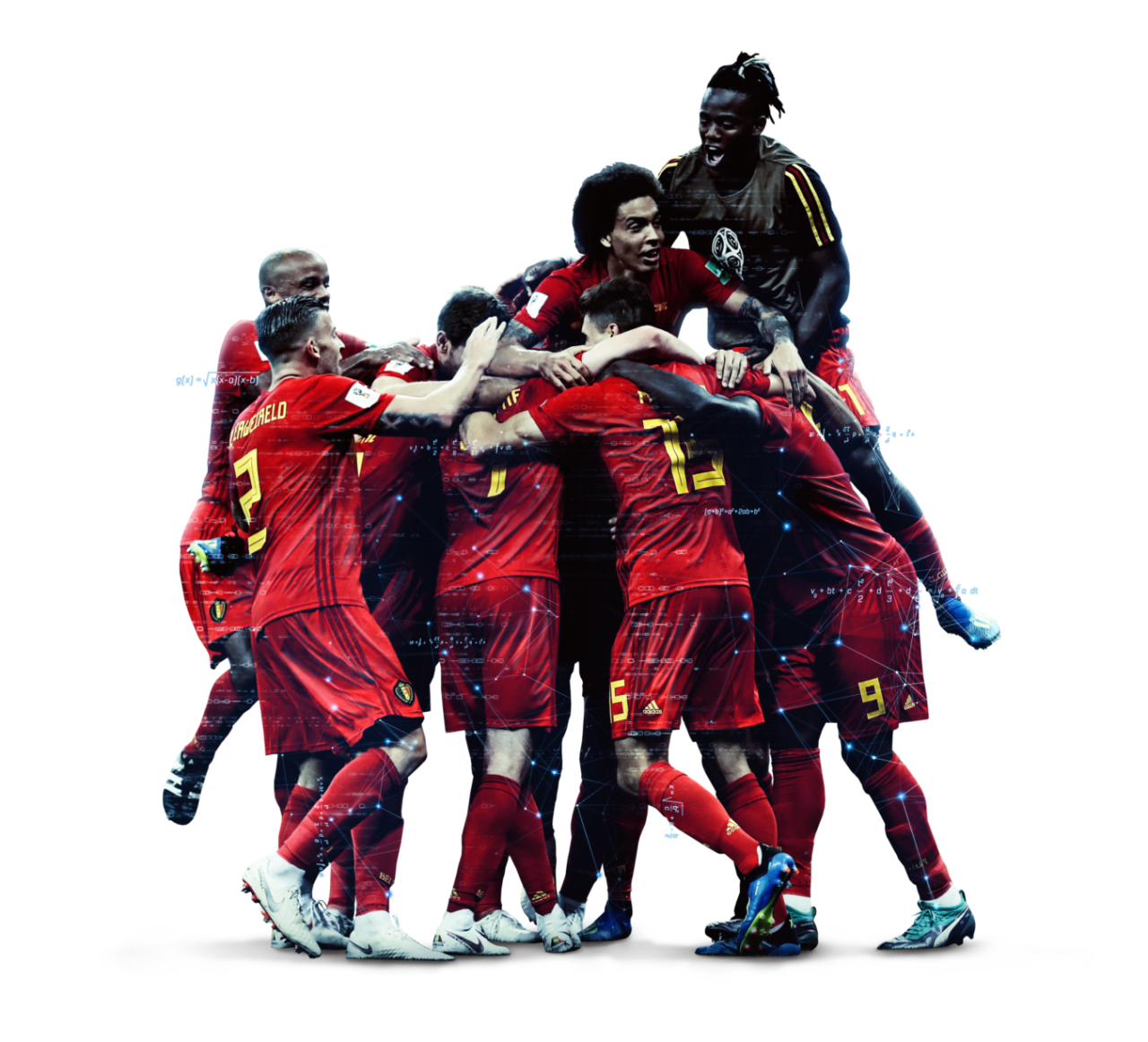 Visualisation of Belgian players celebrating a goal surrounded by data.