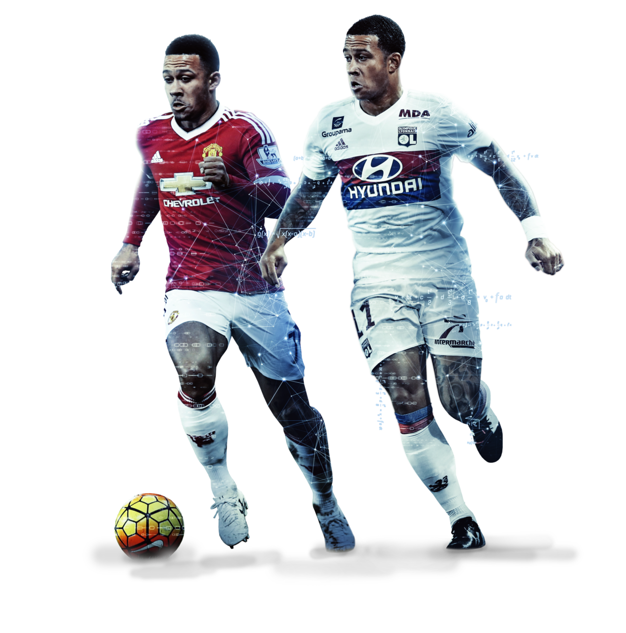 SciSports' visualisation of Memphis Depay at Manchester United and Olympique Lyon surrounded by data.