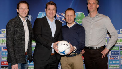 Visualisation of SC Heerenveen's and SciSports' partnership wit Heerenveen's press conference board in the background