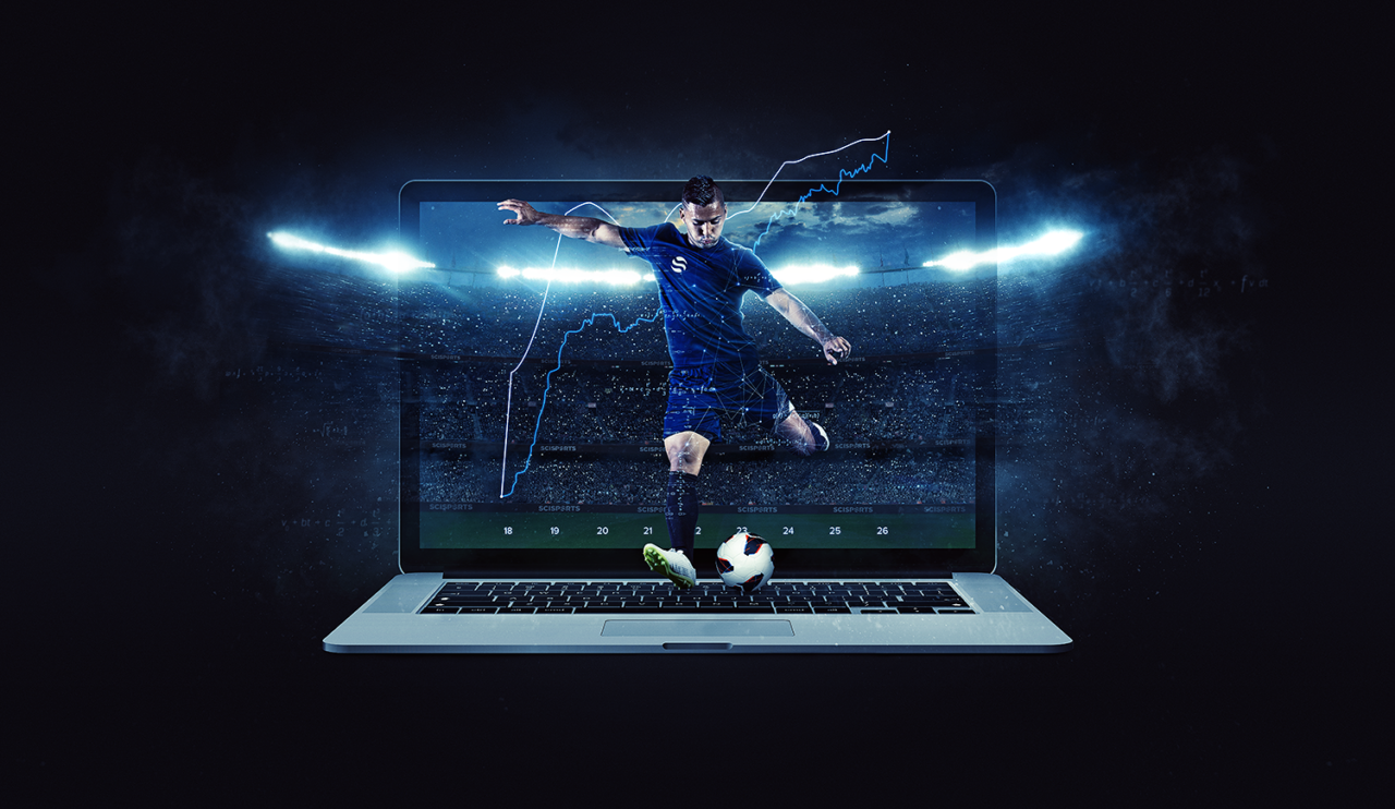 Visualisation of online platform SciSports Insight with a football player in front of a laptop and a stadium at night in the background