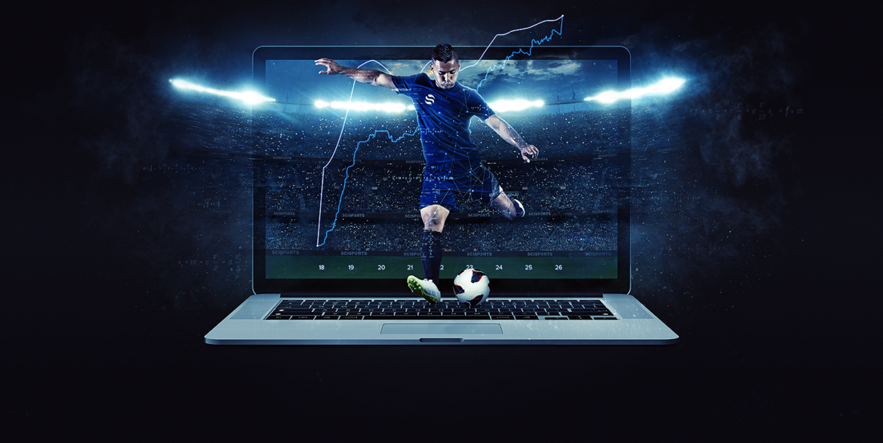 Visualisation of online platform SciSports platform with a football player in front of a laptop and a stadium at night in the background