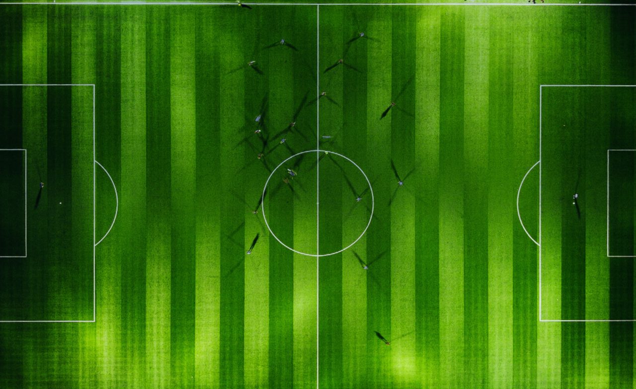Visualisation of a football field from a helicopter view to track players.