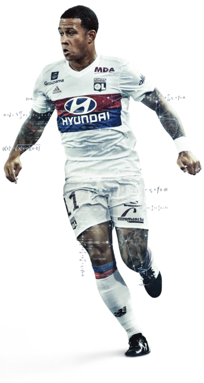 SciSports' visualisation of Memphis Depay at Olympique Lyonnais surrounded by data.