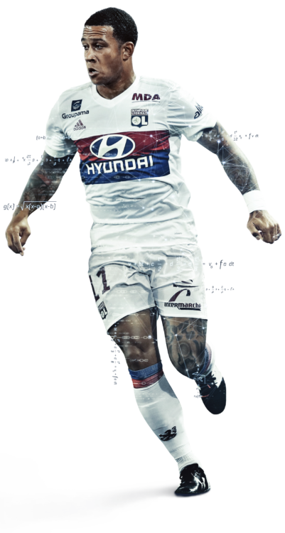 SciSports' visualisation of Memphis Depay at Olympique Lyonnais surrounded by data.