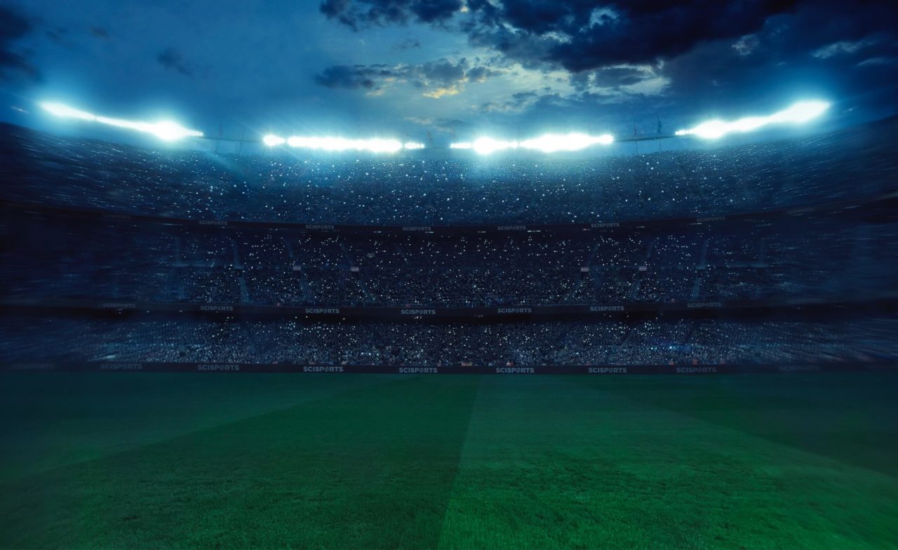 Visualisation of a football stadium at night in SciSports style used as background.