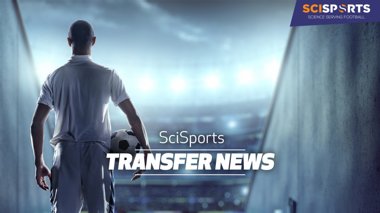 Visualisation of SciSports' transfer news with a football player entering a football stadium.