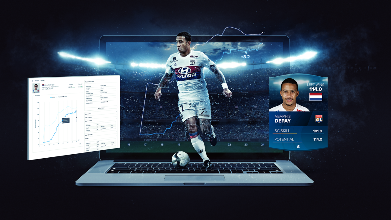 SciSports visualisation of Memphis Depay at SciSports in front of a laptop, a player card of Depay and Depay's SciSkill development graph, with a stadium at night in the background.