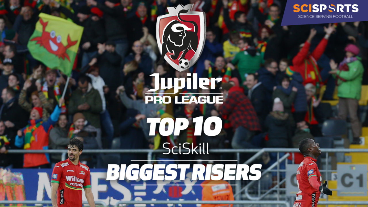 Visualisation of 10 biggest risers in Jupiler Pro League with football players and crowd in the background