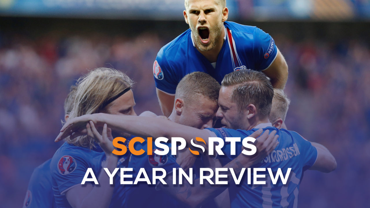 Visualisation of SciSports' yearly review with Iceland players celebrating in the background
