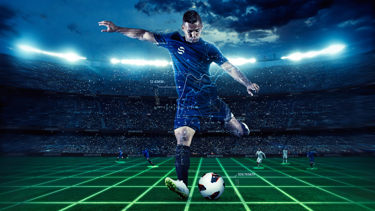 Visualisation of a football player in a SciSports jersey with additional patterns on the field and a stadium at night in the background