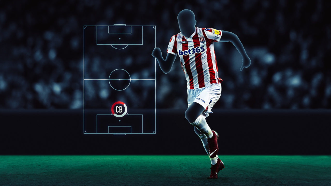 Visualisation of a football player in a Stoke City jersey and a indicator of the position of a centre back on the field