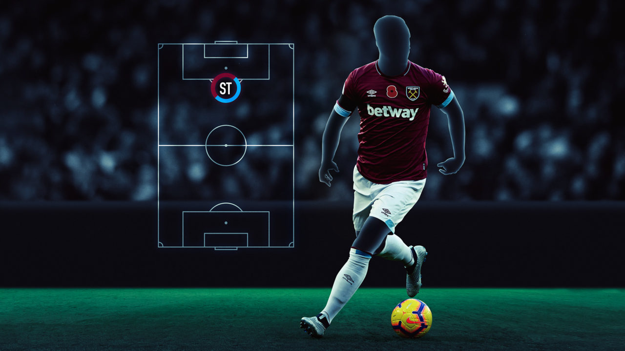Visualisation of a football player in a West Ham jersey and a indicator of the position of a striker on the field