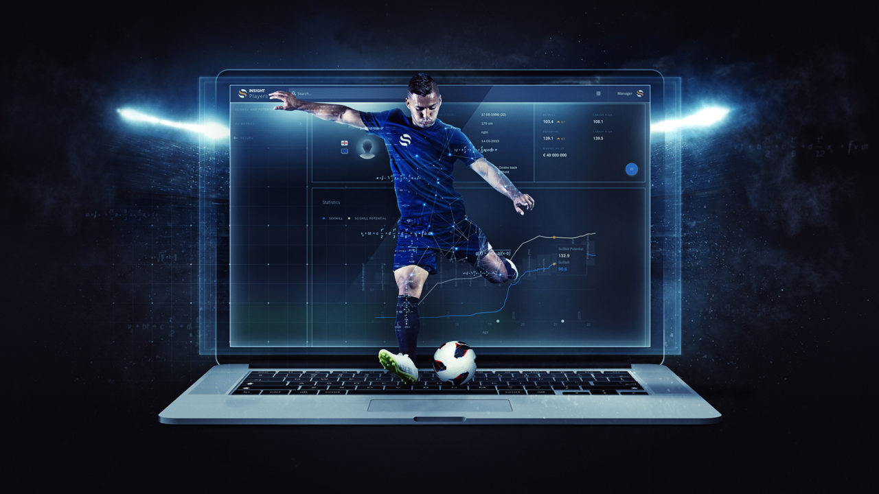 Visualisation of a football player in front of a laptop and a stadium in the background