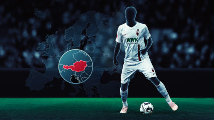 Visualisation of an unknown player in an Augsburg jersey player soccer including Austria marked on a map.