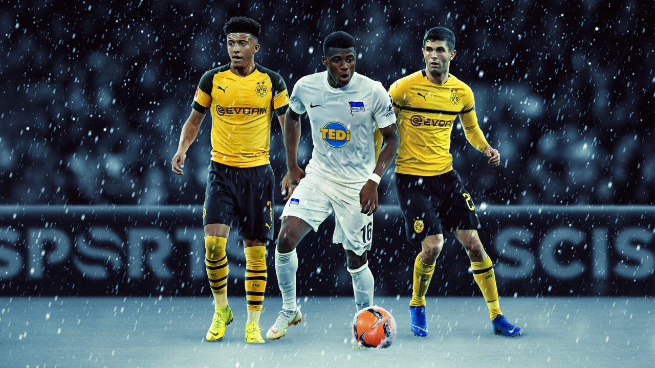 Visualisation of the winter transfer window with Sancho, Pulisic and Nelson playing football in the snow