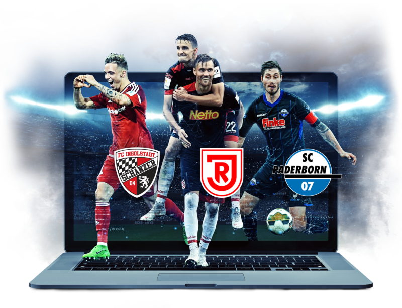 Visualisation of players from Ingolstad, Regensburg and Paderborn in front of a laptop and a stadium in the background