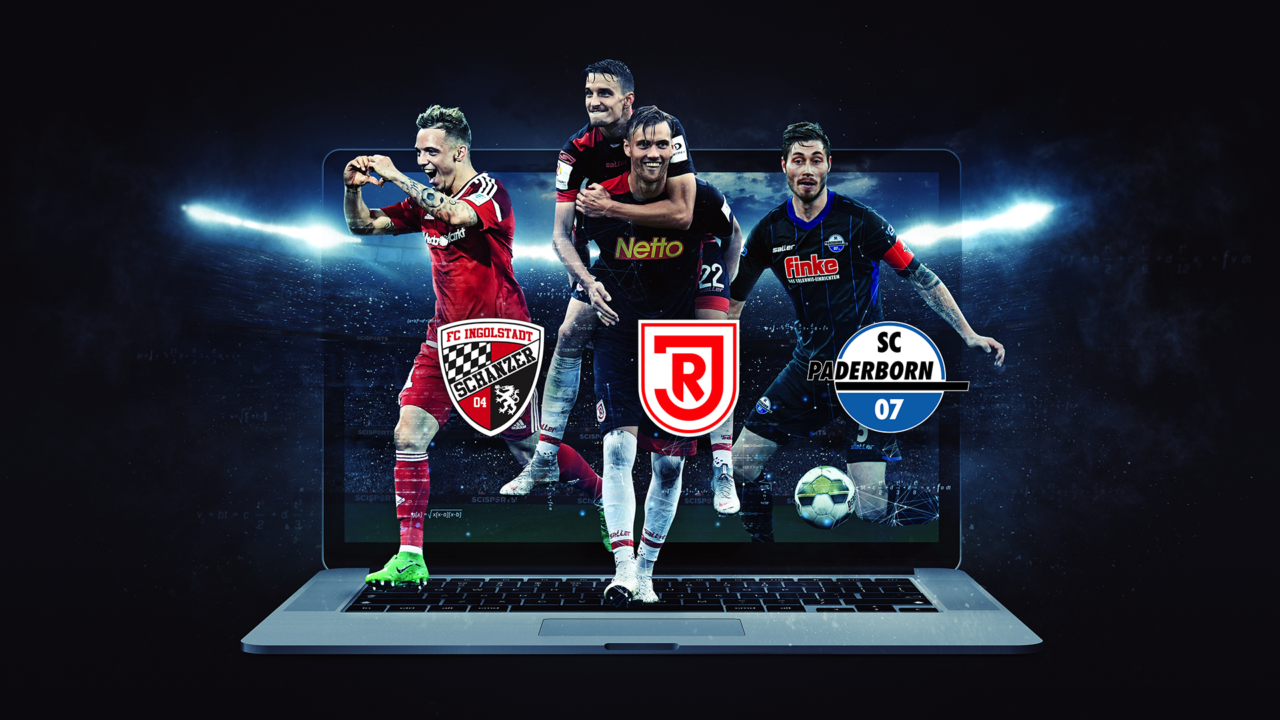 Visualisation of players from Ingolstad, Regensburg and Paderborn in front of a laptop and a stadium in the background